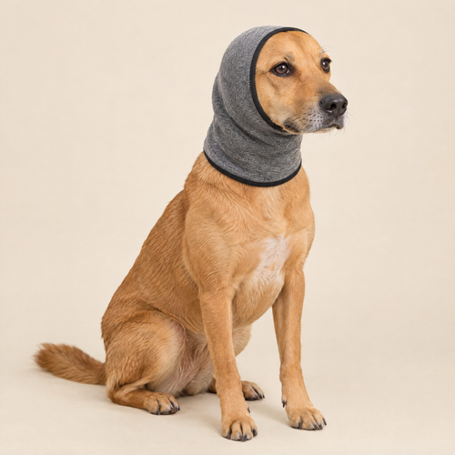 Perro con la capucha calmante antirruido TRUFA puesta