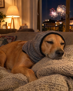 Perro tranquilo en el sofá con la capucha mientras hay fuegos artificiales fuera