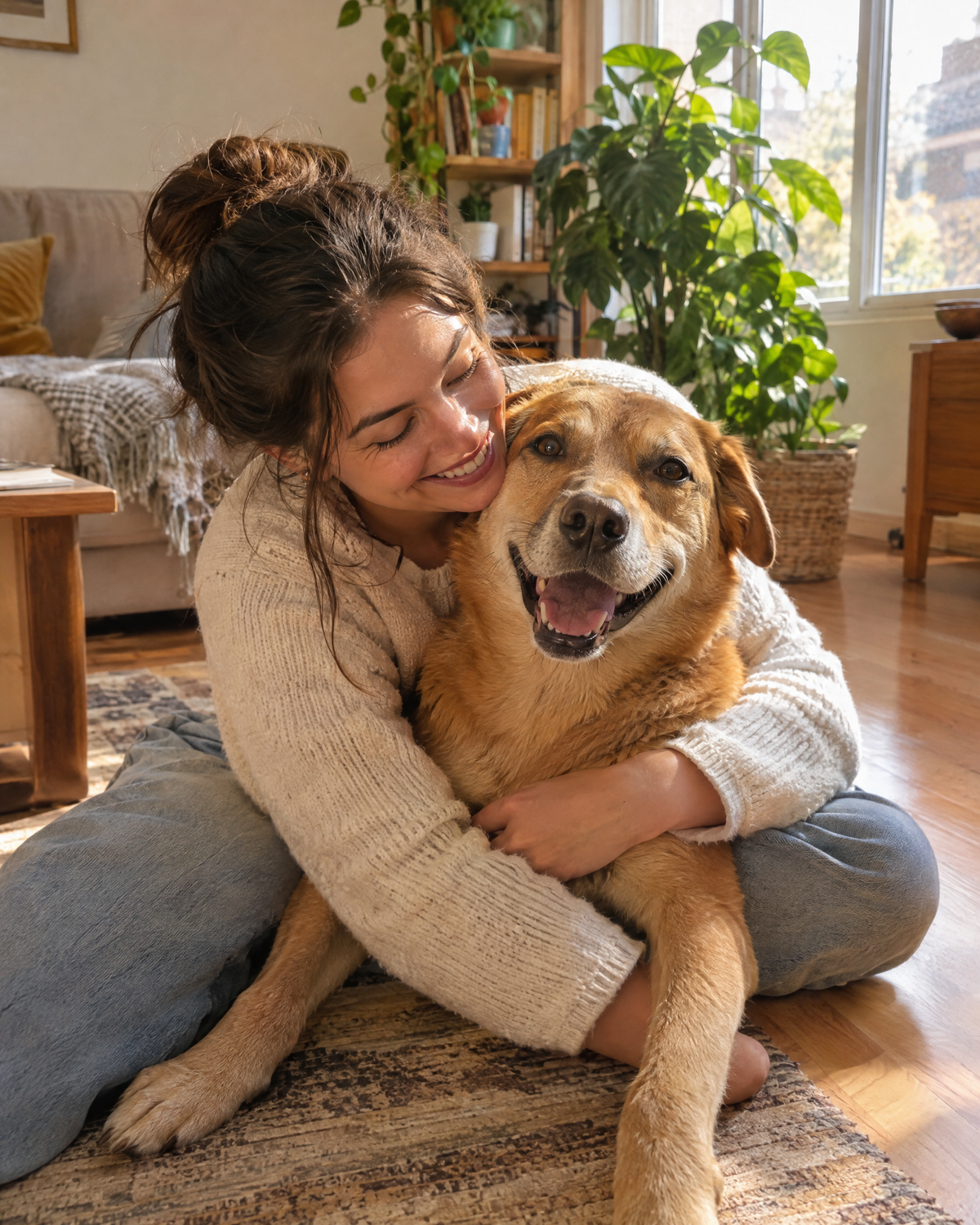 Una dueña abraza a su perro en casa